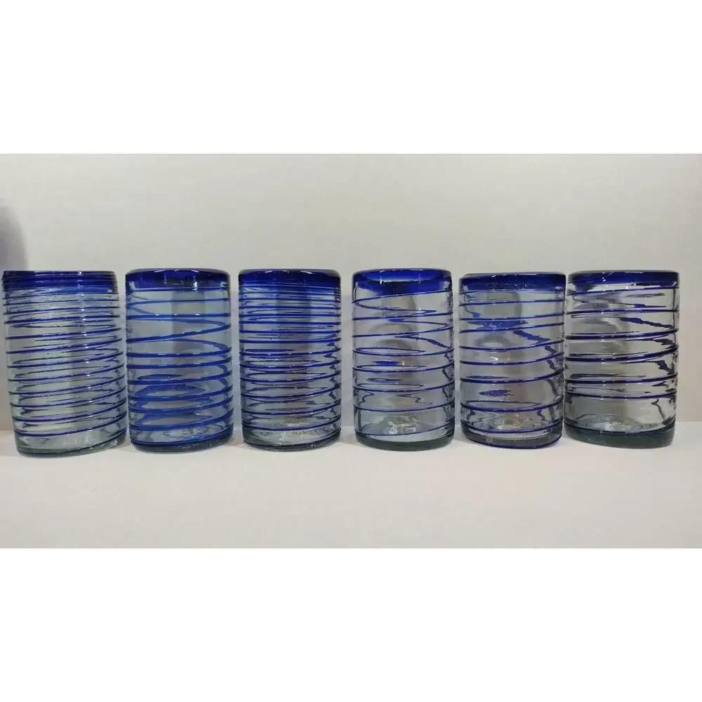 Hand Blown Cobalt & Clear Glass Swirl Pitcher & Glasses 7 Pc Set Made in Mexico
